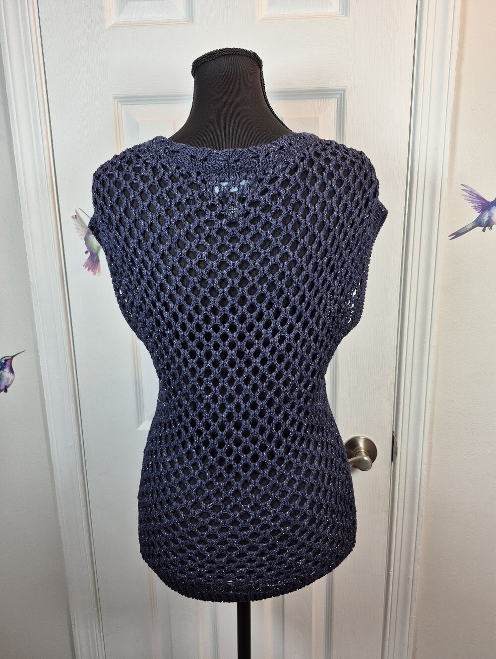 Cynthia Rowley Metallic Navy Knit Tank top S Crochet Mesh Indie Sleaze - Picture 5 of 6
